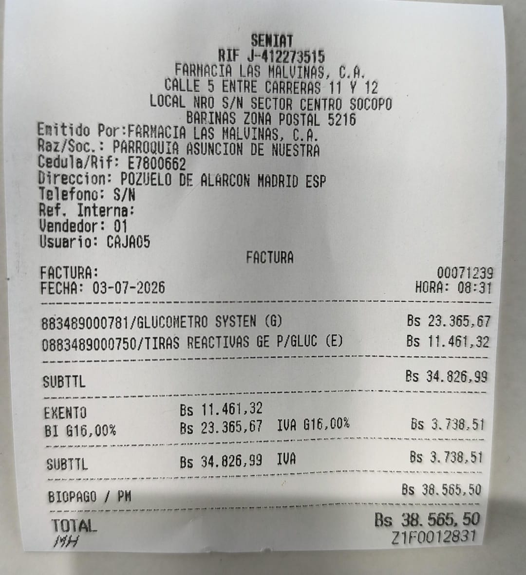 Factura Farmacia Las Malvinas, C.A. — Glucómetro y tiras reactivas