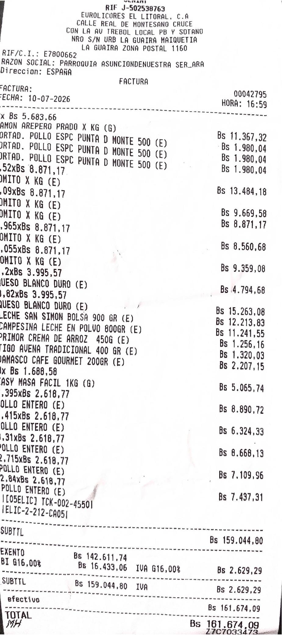 Factura de Euro Licores El Litoral