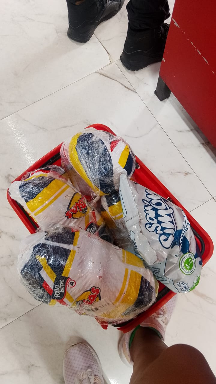 Cesta con pollo entero y leche comprados