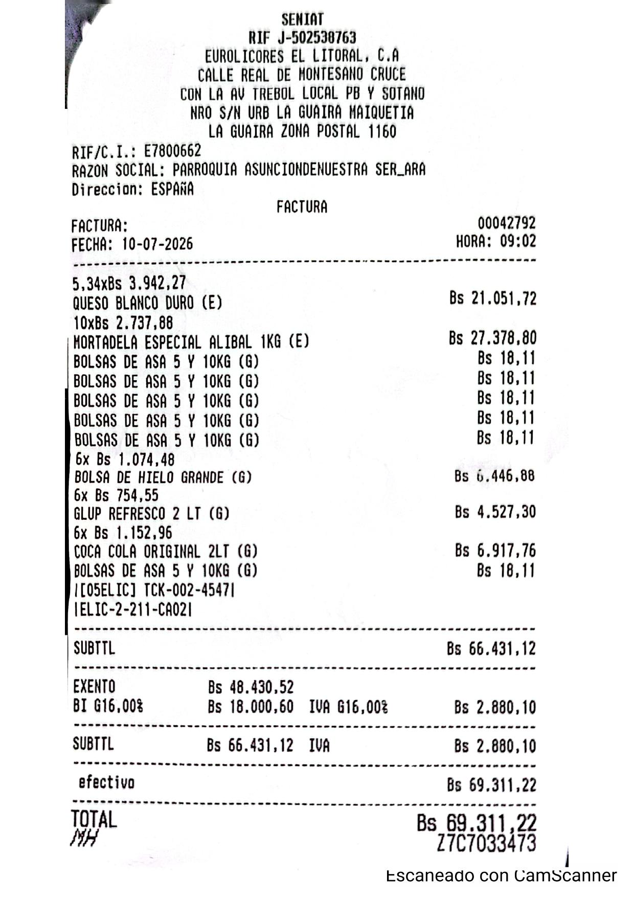 Factura de Euro Licores El Litoral por los desayunos del día 9