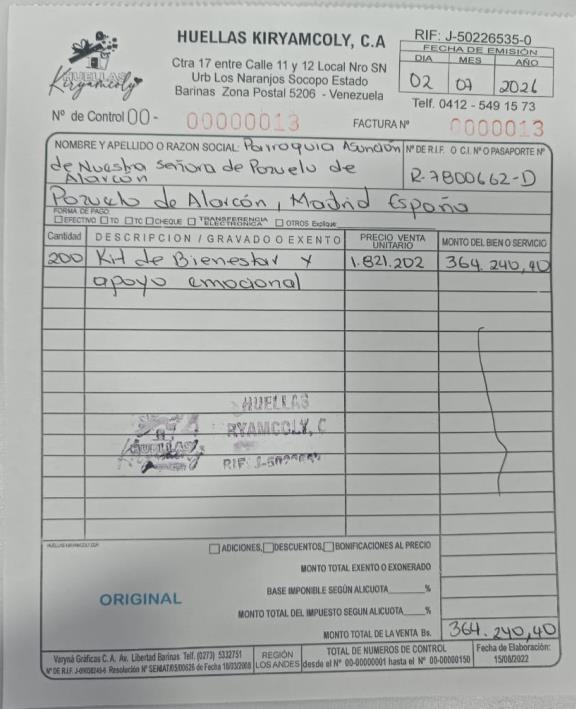 Factura Huellas Kiryamcoly, C.A. por 200 kits