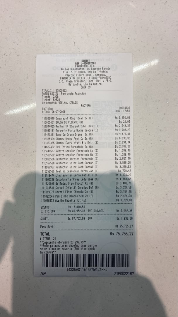 Factura de Farmatodo con el detalle de la compra para la familia de Mari
