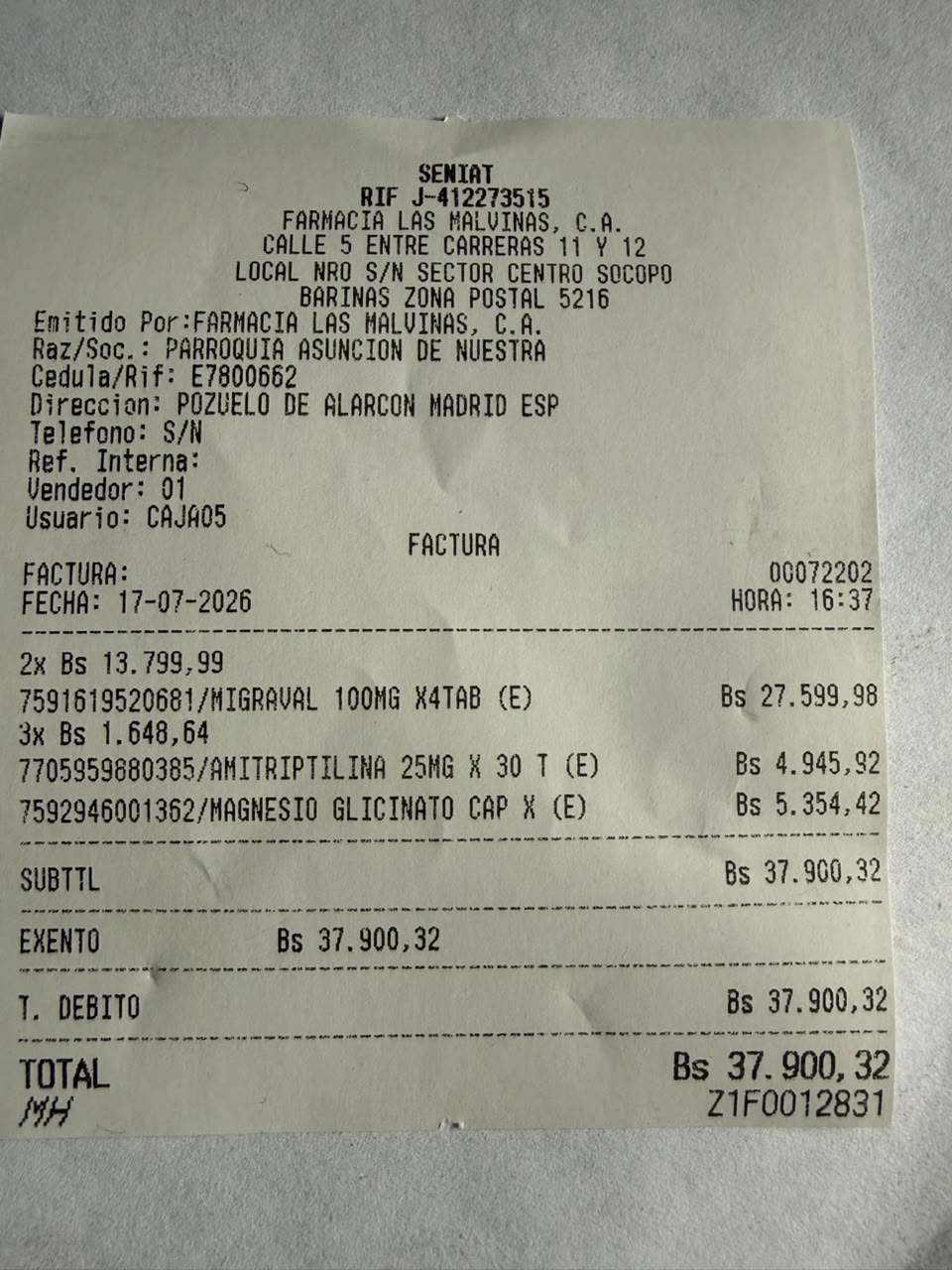 Factura de Farmacia Las Malvinas del 17 de julio