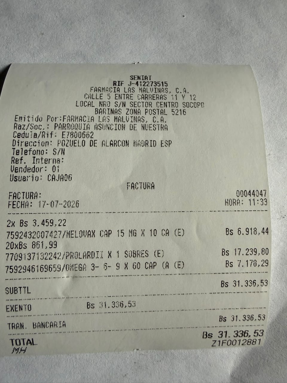 Factura de Farmacia Las Malvinas