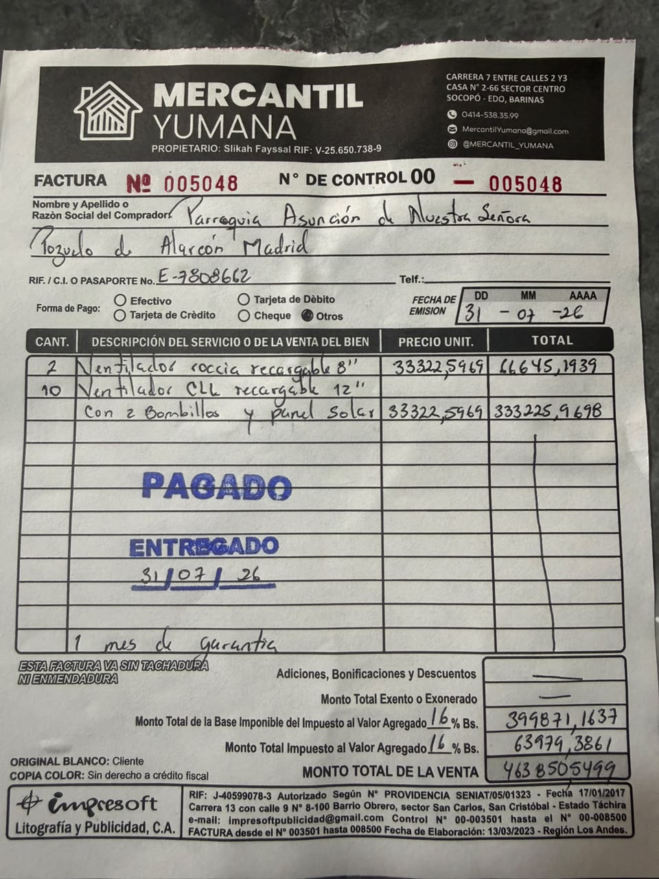 Factura de Mercantil Yumana